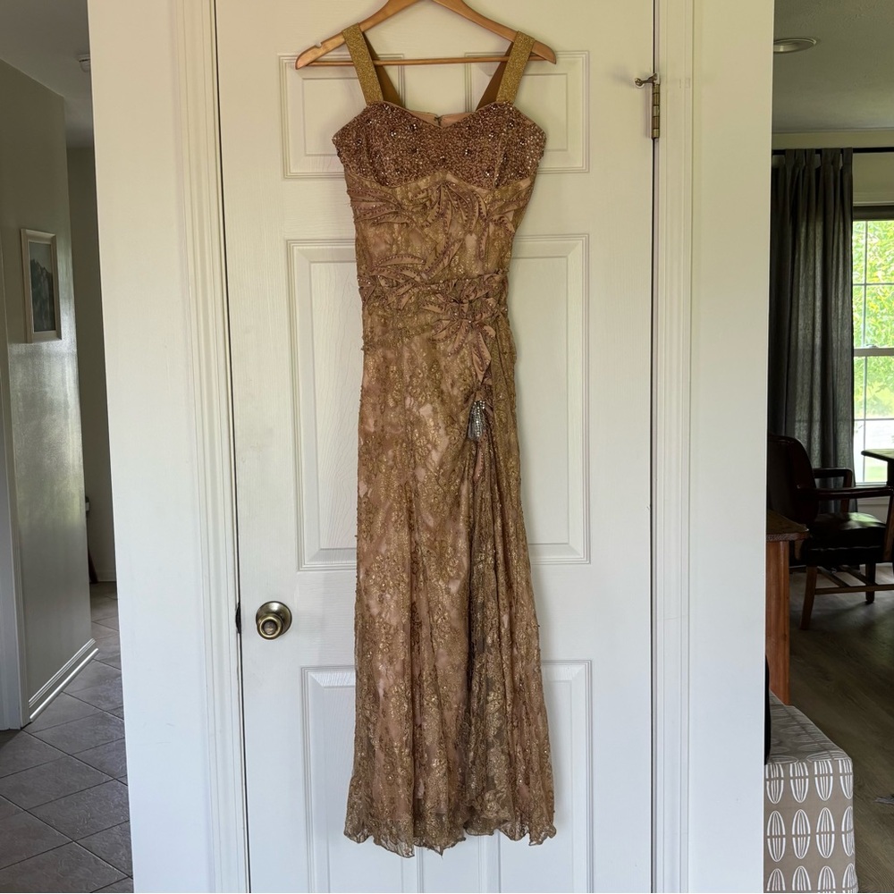 Strapless Beaded Lace Evening Gown in Champagne
